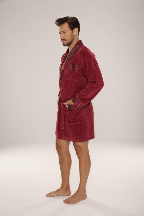 866 Noble Szlafrok męski welurowy De Lafense – krótki, elegancki, bawełna - burgund