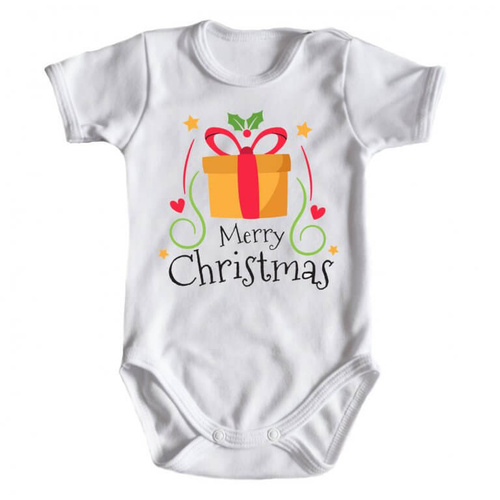 "Merry Christmas z prezentem BOŻE NARODZENIE" Body krótki rękaw Moocha biały 