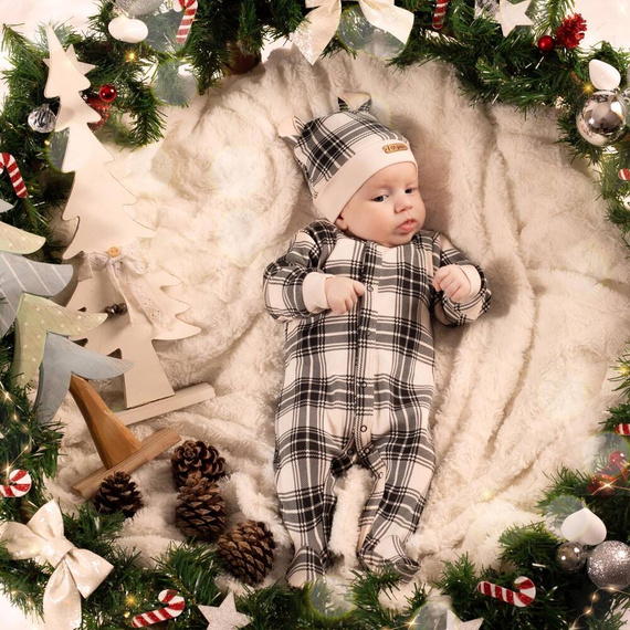 163617 Pajacyk niemowlęcy "Magia Świąt" Nicol - kratka: czarny, beżowy