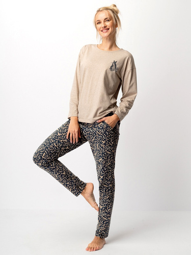 Piżama damska Key LNS 707 beżowa – bawełna, długi rękaw, elegancka