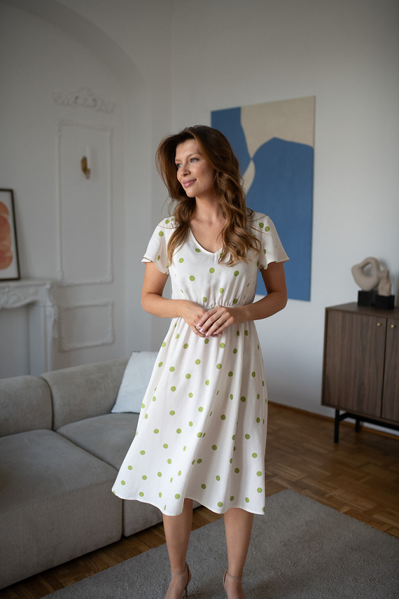 Lovely Dress Midi Milk & Love Sukienka Ciążowa i Do Karmienia z Lnem Pistacjowe Grochy
