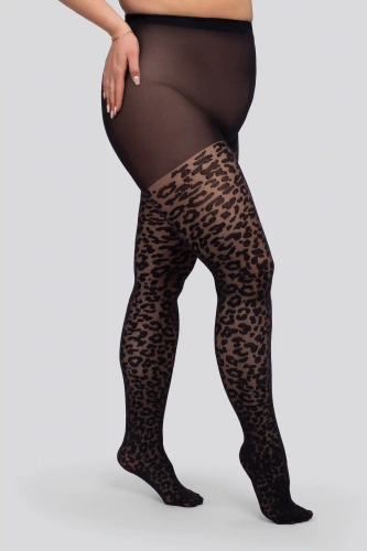 Rajstopy Mona Leopard 30 DEN Queen Size – czarne rajstopy w panterkę