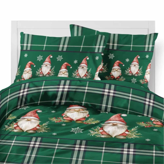 5622 B Magia Świąt Pościel flanelowa świąteczna Detexpol zielona w kratę ze skrzatami i śnieżynkami – bawełna 100%, 160 g/m², zamek, OEKO-TEX®