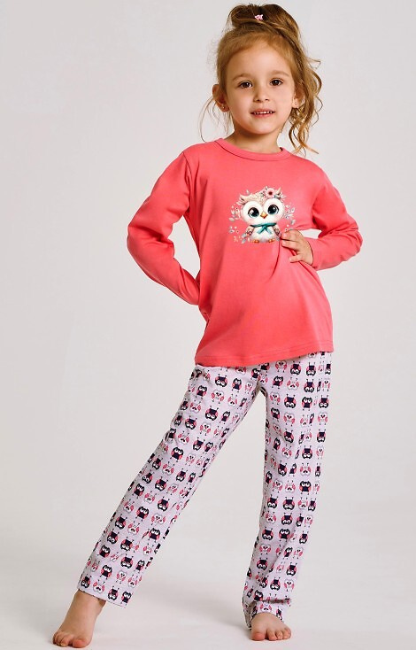 3486, 3487 Emma Piżama dziewczęca Taro koralowa – bawełna, nadruk, wzorzyste spodnie