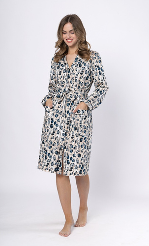 Szlafrok damski Leveza Wirginia 1676 –granatowy  bawełna, długi rękaw, klasyczny fason