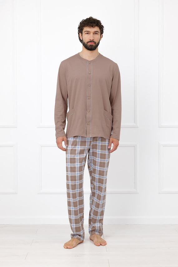 Italian Fashion Wilhelm Piżama Męska 100% Bawełna Guziki Krata - cappuccino