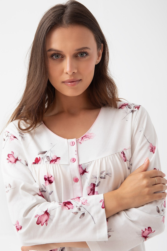 338 Koszula nocna Luna  ecru – bawełna, długi rękaw, dekolt na guziki