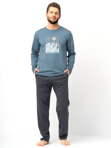 Piżama męska Key MNS 627 szary– bawełna, długi rękaw, klasyczny kró