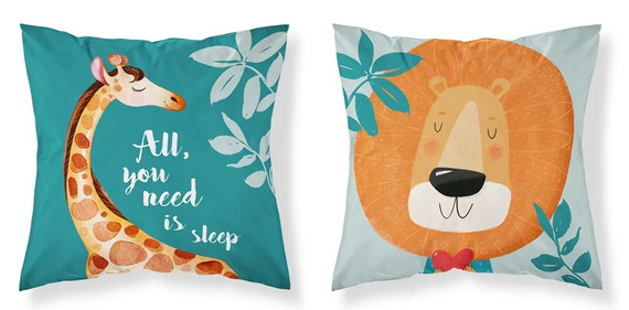 PSBA 23B Mayamoo 26 Poszewka bawełniana Dwustronna Żyrafa Lew Detexpol zielony