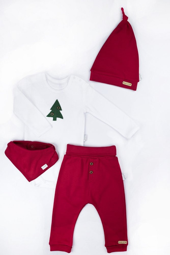 163051 Komplet czapka, body, apaszka i spodnie "Magia Świąt" Nicol - bordo / choinka