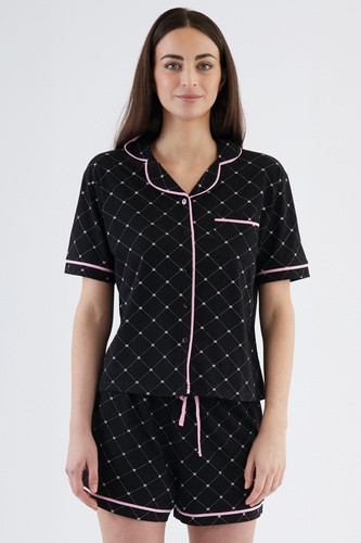 Coraline Piżama damska Sorbetto czarna  – koszulowa góra, krótkie spodenki, 100% bawełna