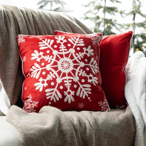 Chp 125 Poszewka świąteczna śnieżynki welurowa Eurofirany czerwony