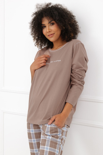 Piżama Damska Italian Fashion Delma 100% Bawełna Długa Spodnie Krata-cappuccino