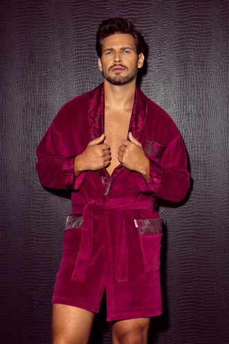 866 Noble Szlafrok męski welurowy De Lafense – krótki, elegancki, bawełna - burgund