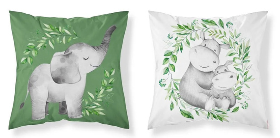 PSBA 17B Mayamoo 26 Poszewka bawełniana Dwustronna Słoń Hipopotamy Detexpol zielony