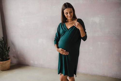 Moon bambusowa koszula nocna ciążowa i do karmienia długi rękaw Milk&Love butelkowa zieleń