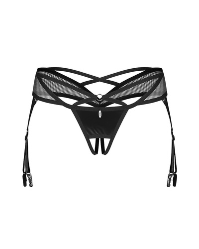 Stringi Obsessive Dominna Crotchless Thong czarne– lateksowy połysk, otwarty krok, paski do pończoch