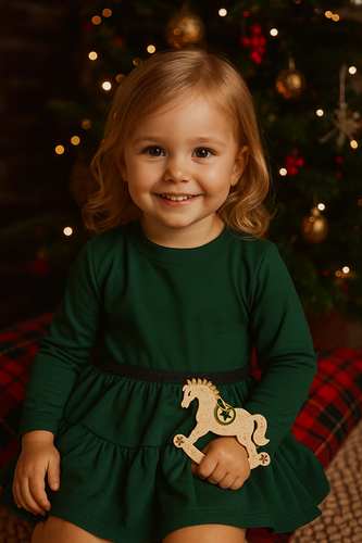 Sukienka bawełniana dziewczęca SE03 Merry Christmas Mamatti – butelkowa zieleń, długi rękaw