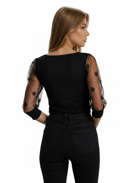 Elegancka bluzka damska Teria 3/4 Eldar czarny– wiskoza, rękawy bufki, tiulowy haft, okrągły dekolt, ściągacz