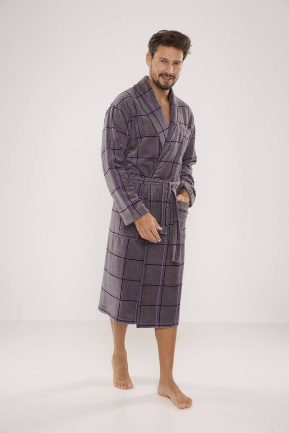803 / 819 Twin Frotte szlafrok męski Forex - szary w kratę fioletową (grey checked)