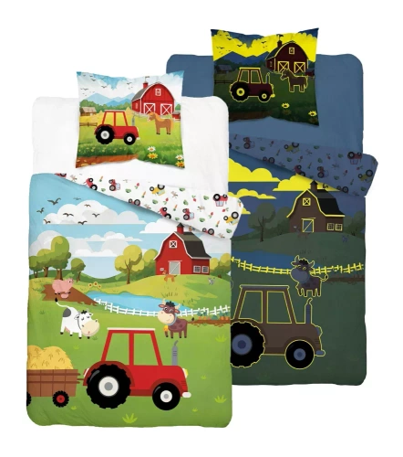 5545 A Fluo 95 Pościel świecąca w ciemności farma z traktorem 100% bawełna | Dla dzieci Detexpol 