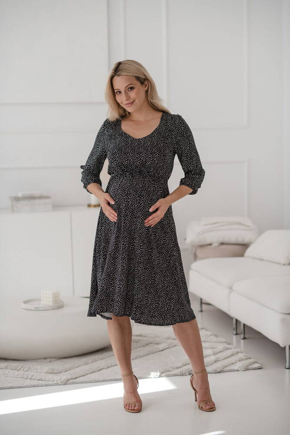 Lovely Dress Midi sukienka ciążowa i do karmienia rękaw 3/4 Milk&Love kropki na czarnym