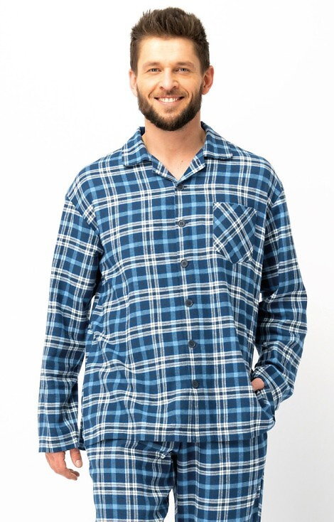 MNS 492 Piżama męska Key jeans – flanelowa w kratę, bawełna