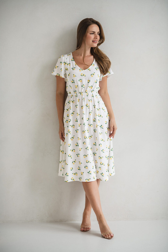 Lovely Dress Midi Sukienka ciążowa i do karmienia – biała w cytryny, krótki rękaw Milk&Love 