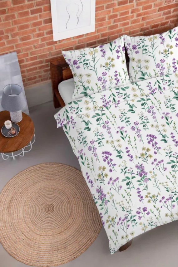 5634 B Pościel flanelowa Pastel Flowers Detexpol biała w polne kwiaty fioletowo-żółte– ciepła, miękka i elegancka