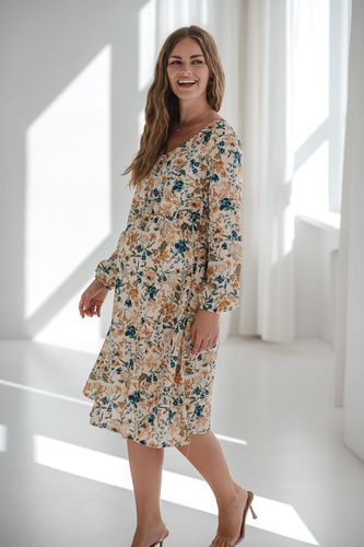 Lovely Dress Midi Milk&Love beżowa w kwiaty– sukienka ciążowa i do karmienia z lnem, elegancki krój z zamkami do karmienia