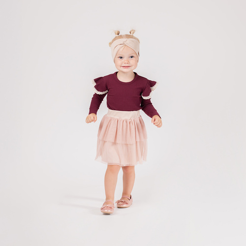 217138 Alisa Bluzka Nicol bawełniana – długi rękaw, burgund, falbanki z koronką