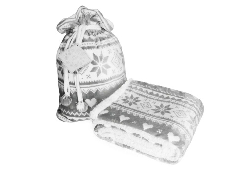 Koc świąteczny SACO szary– miękki i ciepły z norweskim wzorem śnieżynek w ozdobnym worku