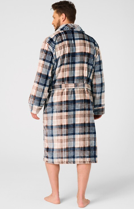 MGL 443 Szlafrok męski Key beżowy – kratka, soft, szalowy kołnierz