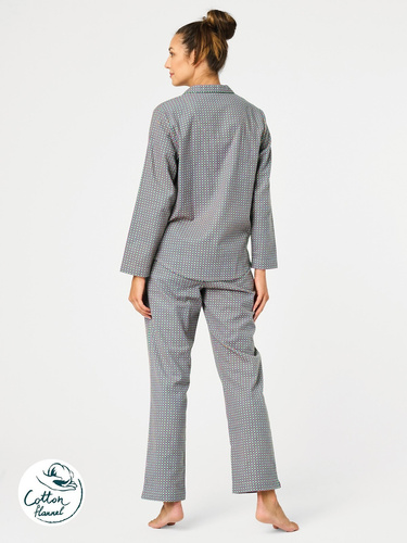 Piżama damska LNS 429 Key pepitka – bawełna, długi rękaw, zapinana na guziki