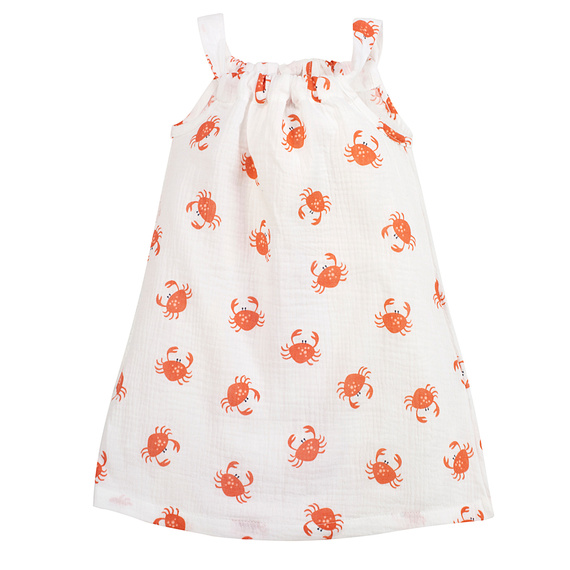 Muślinowa sukienka na ramiączkach Crabs ecru Pinokio z nadrukiem krabów
