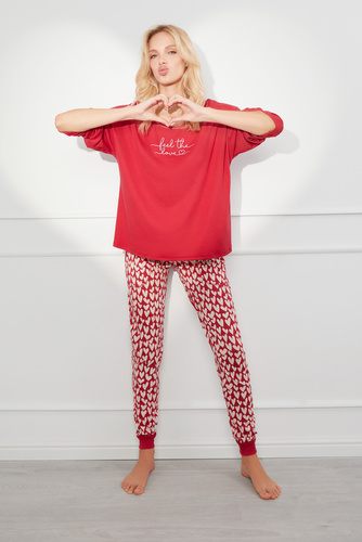 Evora Piżama Damska długi rękaw, długie spodnie Italian Fashion - czerwony/druk