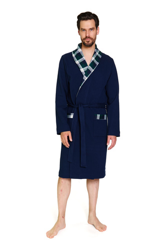 7366 Doctor Nap | Szlafrok męski premium granatowy z wykończeniem w kratę – 100% bawełna - navy blue