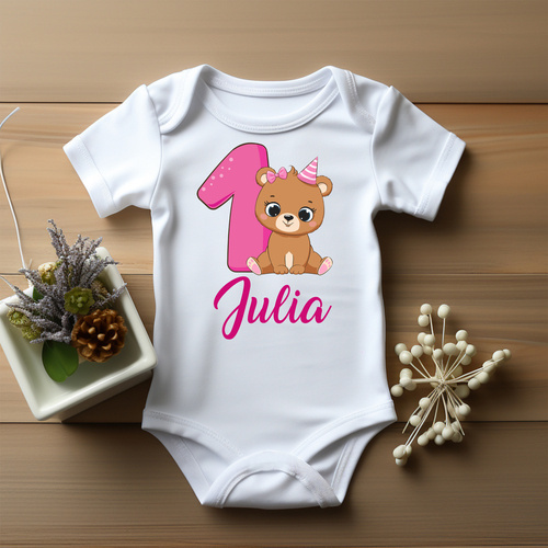 SKU A031 "1 urodziny ROCZEK różowa jedynka" Body krótki rękaw Moocha biały
