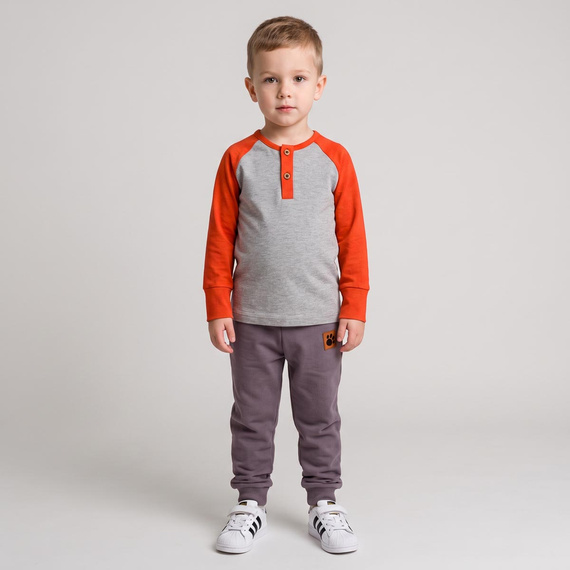 228138 Nicol FARMA Bluzka chłopięca Henley raglan szara ruda bawełna