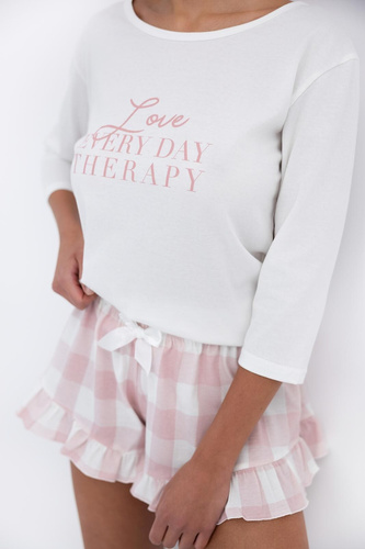 Emily Sensis – Piżama damska z bawełny | Koszulka 3/4 i szorty w kratkę z falbanką