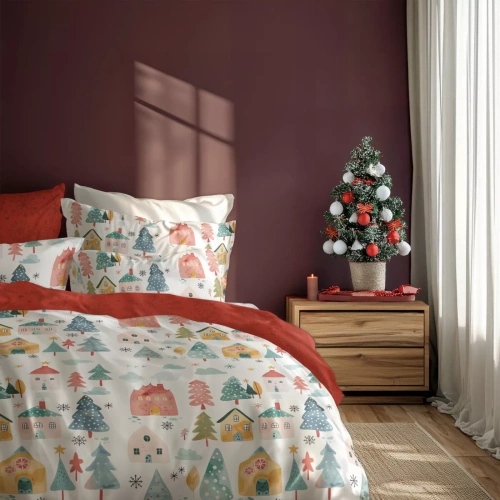 Scandic 080 Pościel świąteczna Scandic Faro biała i czerwona z kolorowymi domkami– dwustronna bawełna 100%, zamek