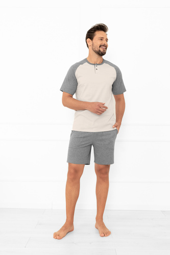 Aleksander Piżama męska Italian Fashion beżowa  – krótki rękaw i krótkie spodenki, 100% bawełna 