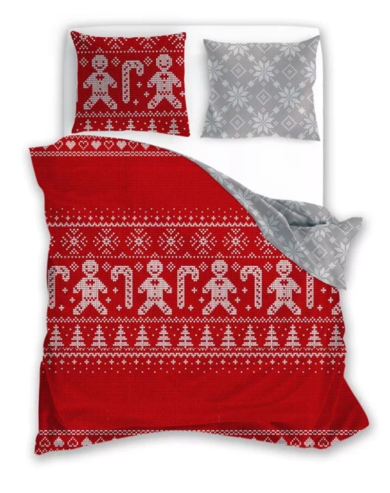 Scandic 065 Pościel świąteczna Scandic Faro czerwona szara pierniki śnieżynki– dwustronna bawełna 100%, zamek