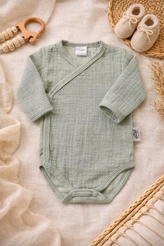 Body muślinowe Just Muslin 03235M Makoma mint– długi rękaw, kopertowe zapięcie, 100% bawełna