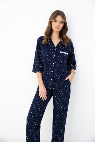 Piżama Damska Sensis Parker Granatowa 100% Bawełna Kołnierzyk Guziki Rękaw 3/4