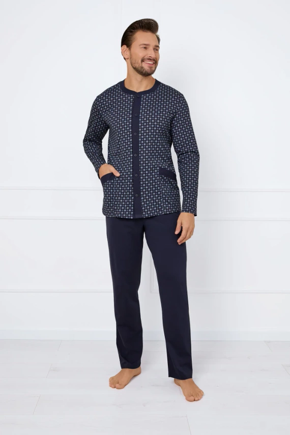 Rajmund Piżama Męska długi rękaw, długie spodnie Italian Fashion - druk/granatowy
