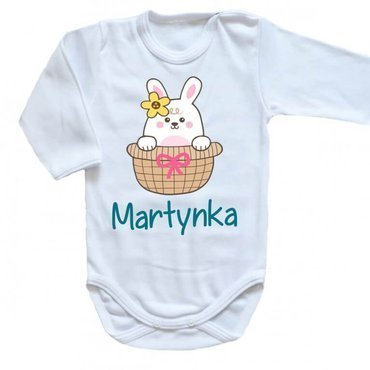 "Wielkanoc – Zajączek w koszyczku z imieniem" Body długi rękaw Moocha biały