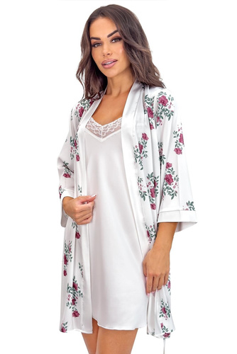 Szlafrok damski Julia ecru donna – delikatna satyna, kwiatowy print, wiązany pasek
