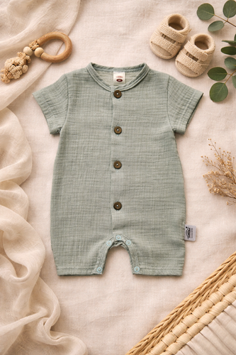 Rampers niemowlęcy Just Muslin 02235RM Makoma mint– muślin 100% bawełna, krótki rękaw
