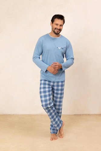 Regina 488 –niebieska męska piżama bawełniana z długim rękawem, klasyczny fason